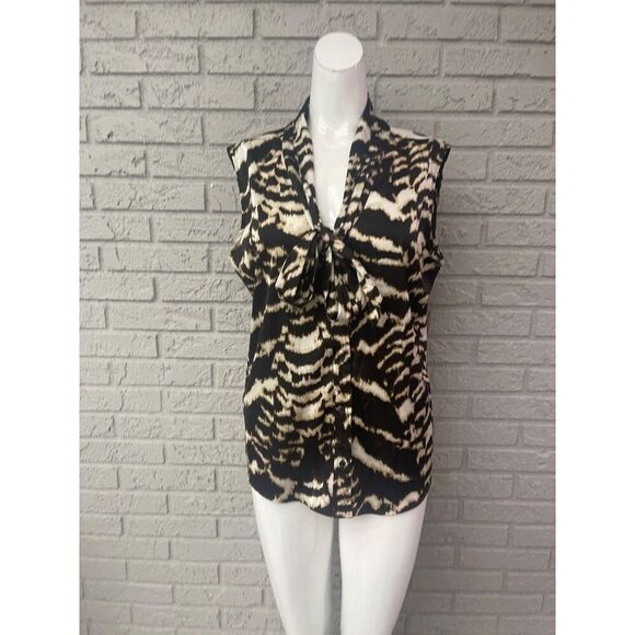 Calvin Klein Women Brown Animal Print Sleeveless Necktie Blouse Size L - Picture 1 of 7